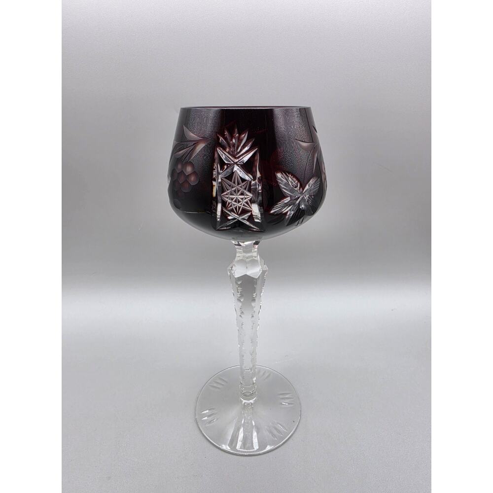 Bohemian Cut to Clear Crystal Deep Amethyst Wine Glass Goblet Chalis Royal